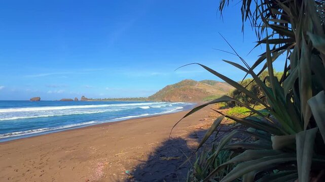 The sea in Jember, East Java. Indonesia. Watu Ulo beach with dark sand, mountains and coral rocks towering above the beach. The raging blue Indian ocean on a sunny day. 4К	