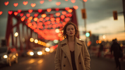 Contemplative Woman on City Bridge at Dusk with Heart-Shaped Bokeh Lights
