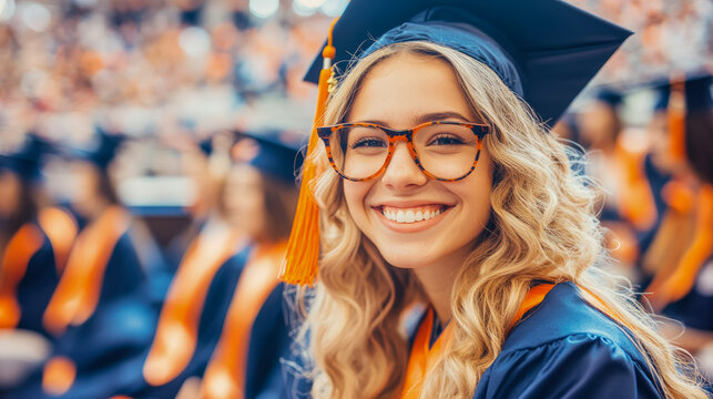 Joyful blonde graduate in cap and gown with orange tassel and stylish glasses smiling proudly at her commencement ceremony, surrounded by blurred fellow students