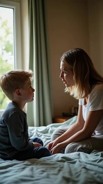 Mother scolding her young son in a bedroom, expressing family dynamics and parenthood at home..
