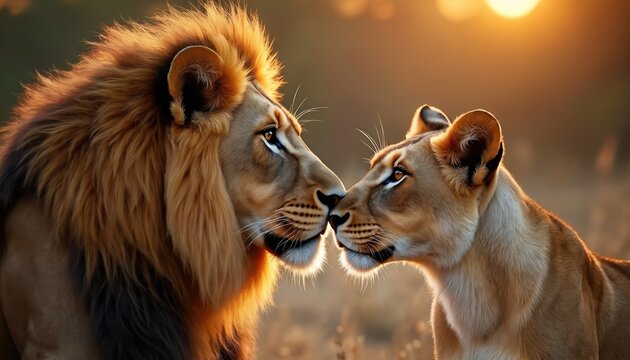 Male lion with majestic mane, female lioness share tender moment. Touch noses showing deep love, intimacy, strong bond. Pair stands in golden light of sunrise sunset on savanna grassland. Warm glow - Powered by Adobe