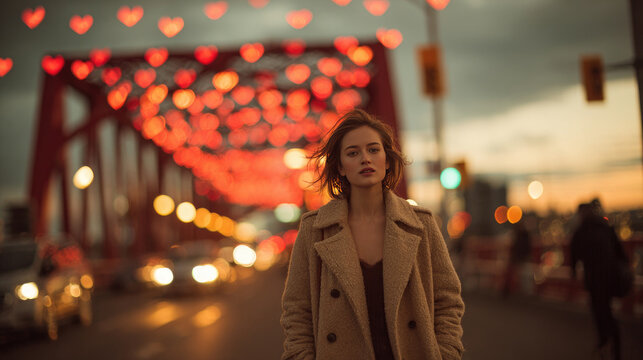 Contemplative Woman on City Bridge at Dusk with Heart-Shaped Bokeh Lights - Powered by Adobe