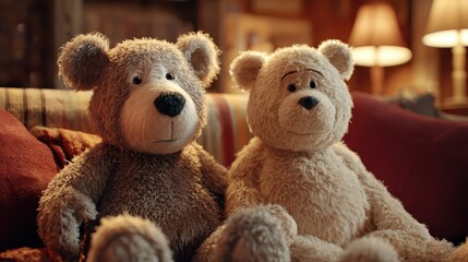 Obraz premium Two soft teddy bears sit together on a cozy couch in a warmly lit living room during evening hours, exuding a sense of comfort and companionship