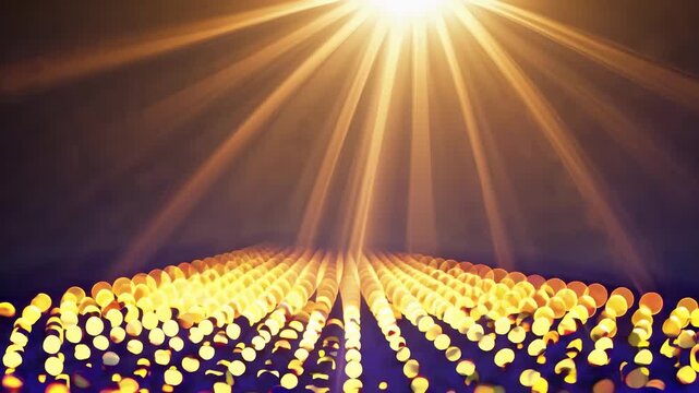 Radiant beams of light cascade down onto a vibrant array of glowing orbs, creating an enchanting spectacle. The colorful scene captivates as the orbs dance under the brilliant illu