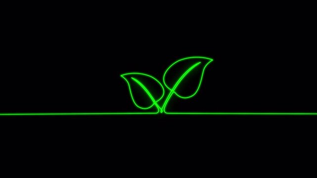 Video. A growing neon sprout is drawn with one continuous editable line. Growing from seeds, sprouts, seedlings, eco-farming concept. Animation on a black background. 4K.