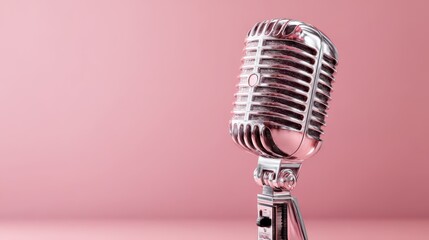Vintage microphone stands on a minimalist pink background, evoking a classic music vibe suitable for performances or recording sessions