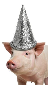 pig wearing a tinfoil hat, paranoid, paranoia, on a white background, animal photo