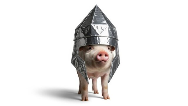 pig wearing a tinfoil hat, paranoid, paranoia, on a white background, animal photo