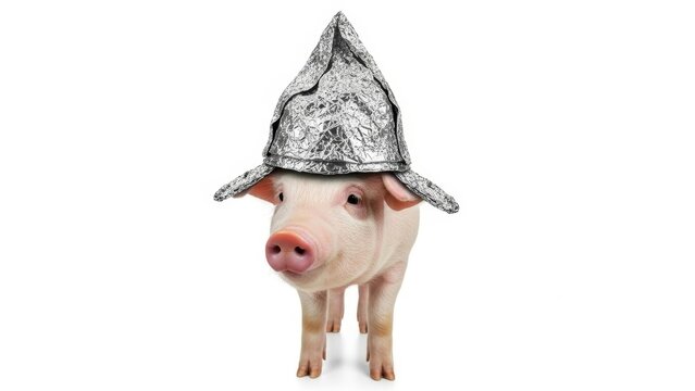 pig wearing a tinfoil hat, paranoid, paranoia, on a white background, animal photo