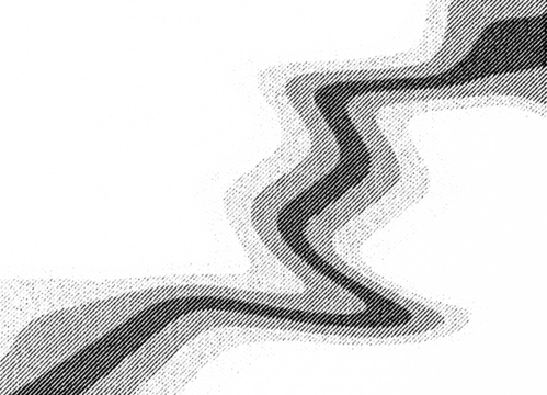 Macro halftone print forming a flowing, wave-like curve made of black diagonal dots and soft gradients on a transparent background.