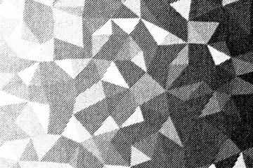Macro halftone pattern of overlapping low poly triangles in black shades, printed dots and diagonal lines on a transparent background PNG.