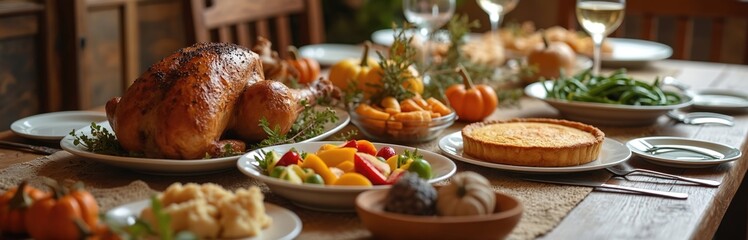 Festive Thanksgiving dinner spread with roasted turkey, pumpkin pie, fruit salad, green beans, and mashed potatoes served on a wooden table.