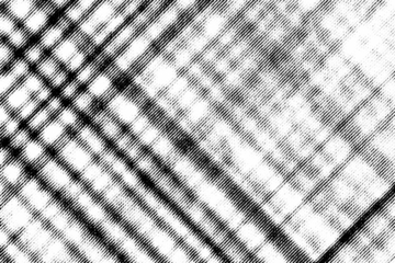 Macro halftone of overlapping diagonal line grid with bright circular spots, black printed pattern isolated on transparent background.