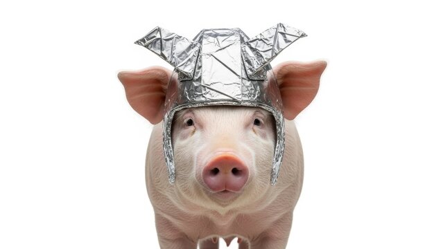 pig wearing a tinfoil hat, paranoid, paranoia, on a white background, animal photo
