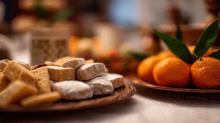 Chinese new year traditional cookies and fresh oranges