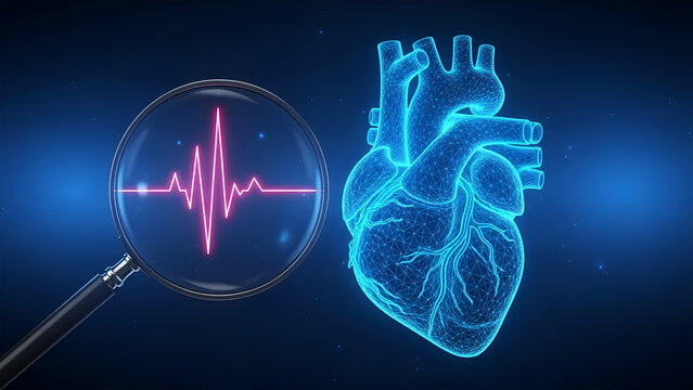 Digital human heart wireframe with cardiogram displayed through magnifying glass on dark blue background - Powered by Adobe