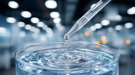 close-up, hyper-detailed scientific scene showing a transparent glass beaker filled with clear, gently swirling liquid, illuminated by cool laboratory lighting. A slender glass pip
