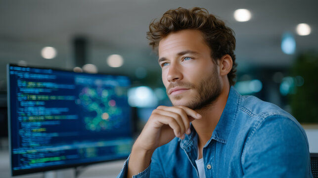 modern open-space tech office with bright natural daylight pouring through large windows, illuminating rows of clean white desks. In the foreground, a young male developer sits fac