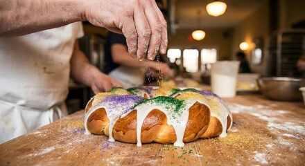 Baker hands sprinkling purple and gold sugar on glazed King Cake in bakery during Mardi Gras preparation