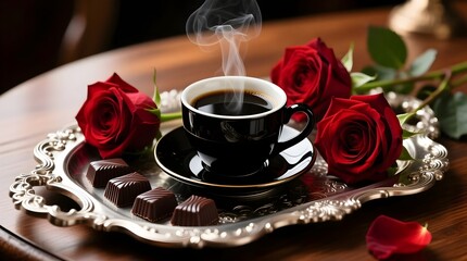Hot coffee cup with steam, red roses and chocolate candies on vintage tray for Valentine's Day
