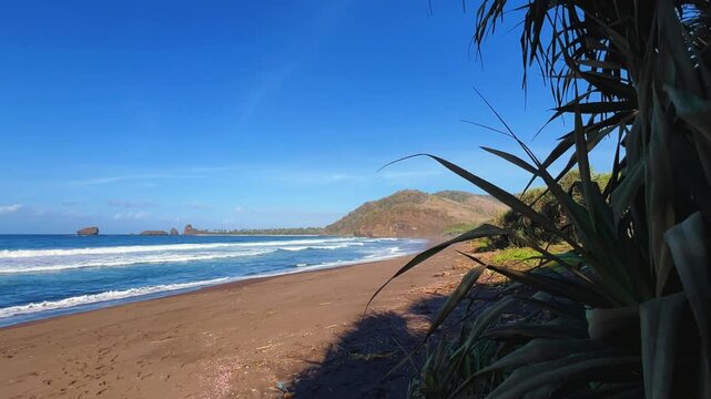 The sea in Jember, East Java. Indonesia. Watu Ulo beach with dark sand, mountains and coral rocks towering above the beach. The raging blue Indian ocean on a sunny day. 4К