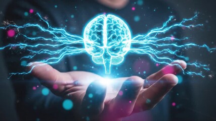 A human hand presents a glowing blue brain Artificial intelligence and technology concept shown with vibrant bokeh effects - Powered by Adobe