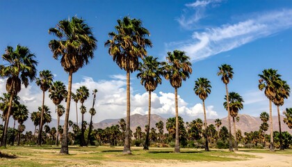 Obraz premium Tall palms stretch toward a bright sky, scattered across an open field with mountain backdrop under light sunny weather