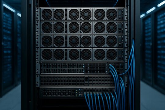 Closeup of server racks with supercomputers in a data center Concept of big data digital storage - Powered by Adobe