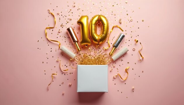 Gold number ten balloon over pink background with surprise gift box. Confetti, streamers and poppers create festive celebratory atmosphere. Anniversary or birthday celebration scene. - Powered by Adobe