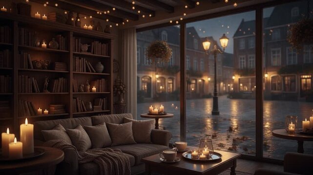 Cozy candlelit room with bookshelves and a soft sofa, overlooking a rainy, warmly lit European street through large windows at night.