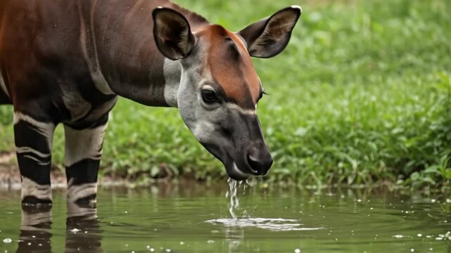 okapi (okapia johnstoni) drinking water from a forest stream or pool