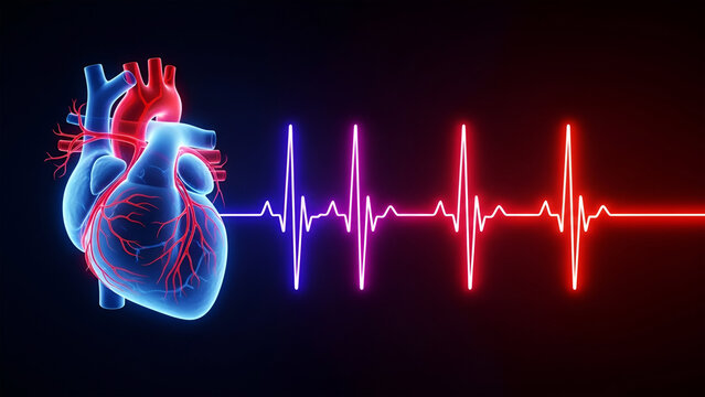 Glowing human heart with blue and red veins next to a vibrant neon electrocardiogram pulse anatomy