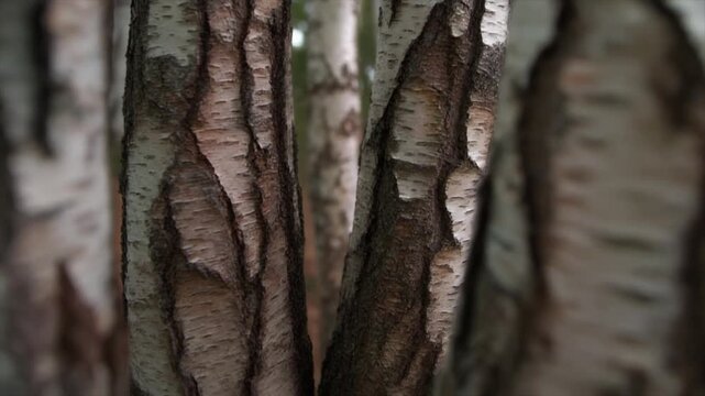 Closeup of birch tree trunks in a forest, showcasing the unique texture and patterns of the bark, creating a natural and serene woodland scene with a shallow depth of field