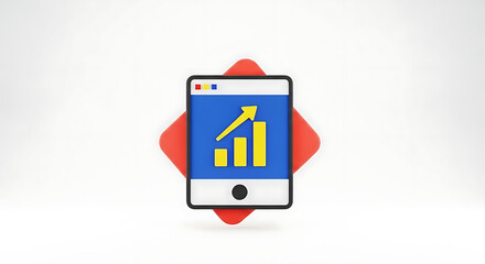 Tablet displaying a yellow bar graph with an arrow on a blue screen against a red diamond shape ai generated