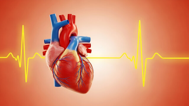 Realistic 3d anatomical human heart with blue and red arteries and veins alongside yellow electrocardiogram line on red gradient background - Powered by Adobe