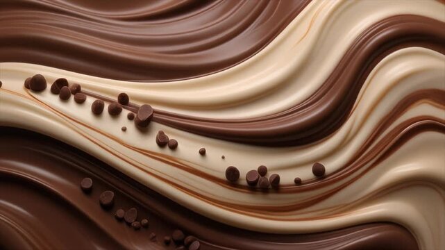Swirls of decadent milk and dark chocolate create a visually appealing abstract background, adorned with scattered chocolate chips for a delightful, sweet treat concept