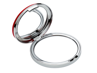 Shiny chrome compact mirror, partially open, red detail on the lid