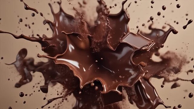A dynamic splash of rich, dark chocolate with chunks suspended midair, creating a visually appealing and delicious composition against a smooth, neutral backdrop