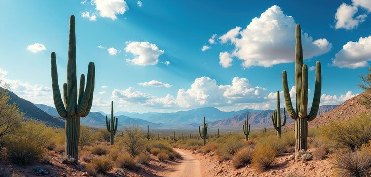Desert scene with saguaro cacti. Blue sky features fluffy white clouds. Mountains are visible in distance. Dry soil and desert plants cover ground near cacti along sandy path. - Powered by Adobe