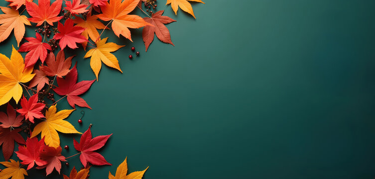 Autumn leaves border dark green background. Colorful maple leaves in yellow orange and red. Fall season concept. Empty space for message. Great for thanksgiving, fall marketing materials.