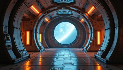 Fototapeta premium Interior of a futuristic space station corridor with Earth visible through a large circular window. Orange lights illuminate the metallic hallway giving it a sci fi feel.