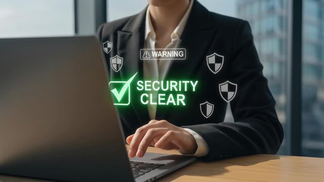 Businessperson verifies successful cybersecurity clearance through a holographic shield interface ensuring complete data protection and digital defense