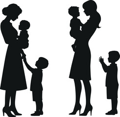 Mother and Children Silhouettes Vector Illustration, Two Mothers Holding Babies and Standing with Toddler Sons, Family Love and Care Concept, Isolated Black Shapes for Mother's Day Design