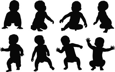 Cute Baby Silhouettes Set Vector Illustration, Diverse Newborns and Infants in Various Poses, Crawling, Sitting and Reaching, Childhood Development and Growth Concept, Isolated Black Shapes on White