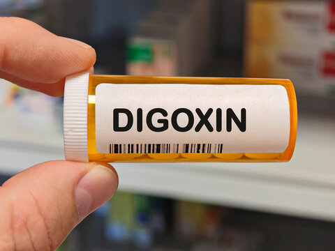 Box of DIGOXIN tablets on a hospital pharmacy table used to treat heart failure and arrhythmias a cardiac glycoside.