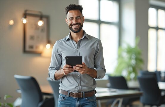 Smiling businessman holds tablet in modern office. Happy man uses digital device for work. Male employee in shirt looks at camera. Confident business person uses tech in workspace.