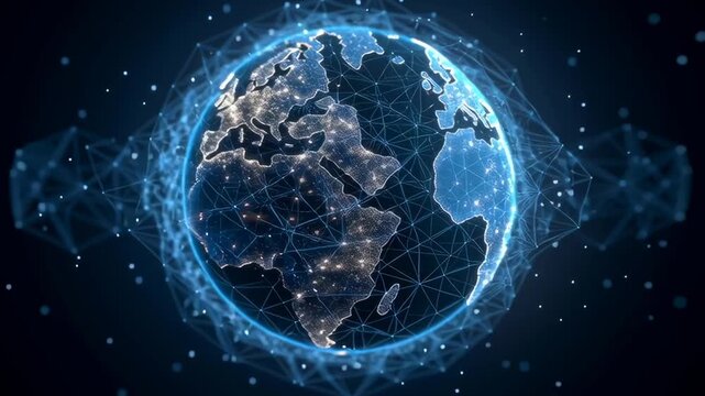 A hand is touching a globe, representing the connection between people and the world. Concept of unity and interdependence, as well as the idea that we are all connected in some way