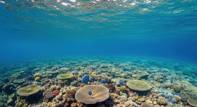 Coral reef underwater scene with clear blue water