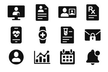 Health chart appointment monitor calendar messaging icon set vector video call telemedicine