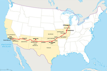 U.S. Route 66, or U.S. Highway 66, the Mother Road, political map. Also Will Rogers Highway, and Main Street of America, a historic route from Chicago, Illinois, to Santa Monica, California. Vector